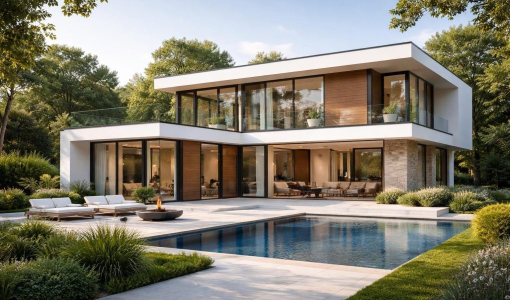 maison-moderne-toit-plat-verdure