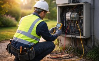 technicien-agenouille-boitier-electrique-jardin