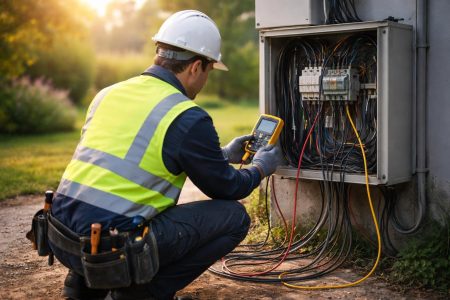 technicien-agenouille-boitier-electrique-jardin