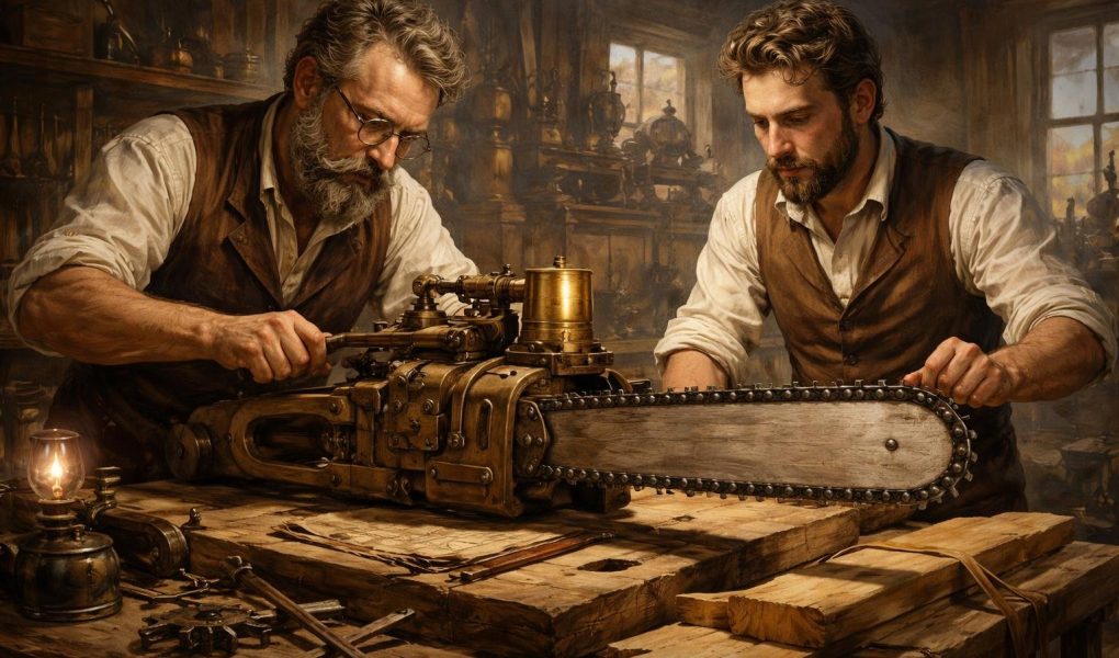 inventeurs-xixe-atelier-tronconneuse-outils
